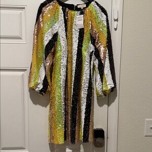 MELLODAY Sequin Mini Dress in Gold, Black, White, Lime & Brown